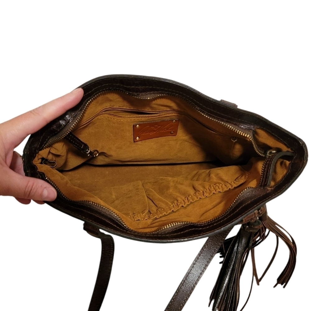 Patricia Nash Blue Clay Poppy Leather Tote Tassle Zipper Floral Western Boho Bag - Picture 4 of 12